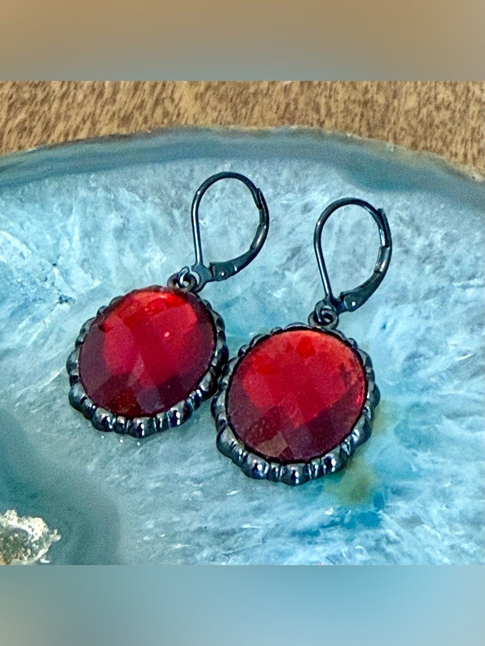 Joan Rivers Gunmetal & Faceted Red Rhinestones Dangle Earrings, Signed Vintage